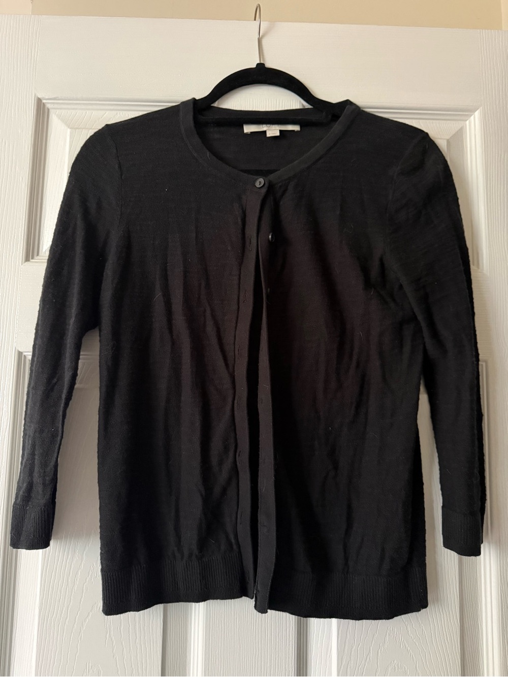 LOFT Black Crewneck Button-Front Cardigan